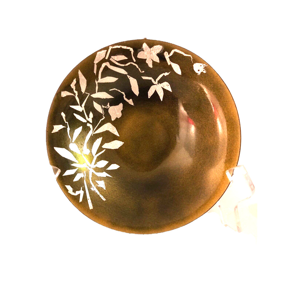 Enamel Over Metal Small‎ Decorative Bowl Avocado Green With Silver Leaf Accents